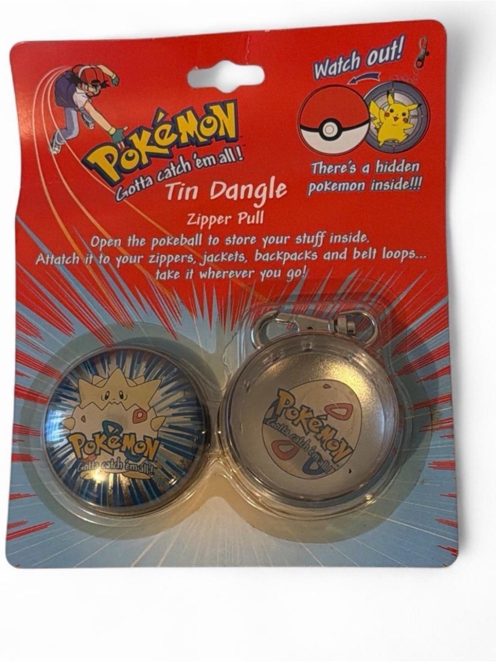 Vintage Togepi Pokemon Tin Dangle Metal Keychain 1999, ORIGINAL PACKAGING.